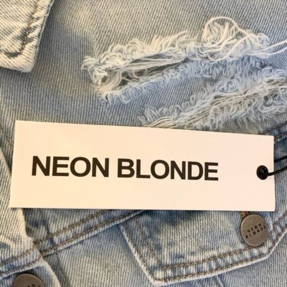 FREE PEOPLE Neon Blonde Denim Jean Jacket Oversized Light Wash Distressed XS - Picture 14 of 16
